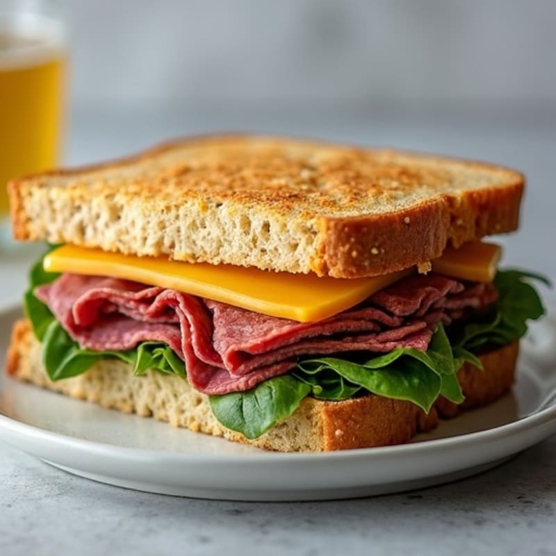 Lean Roast Beef Whole Grain Sandwich with Sharp Cheddar and Fresh Greens