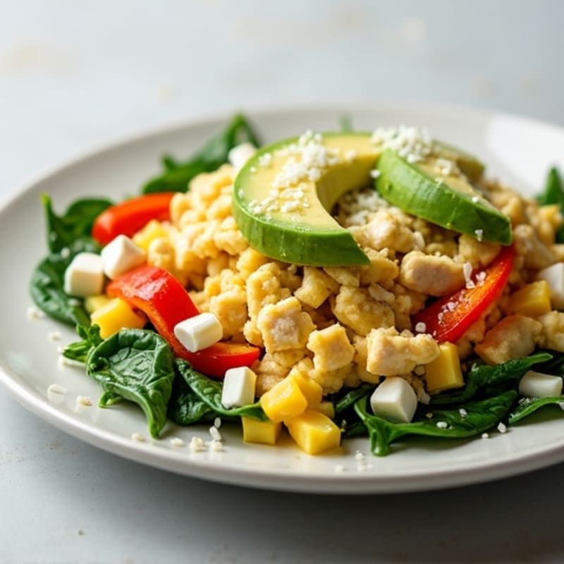 Egg White and Chicken Veggie Scramble with Spinach and Bell Pepper