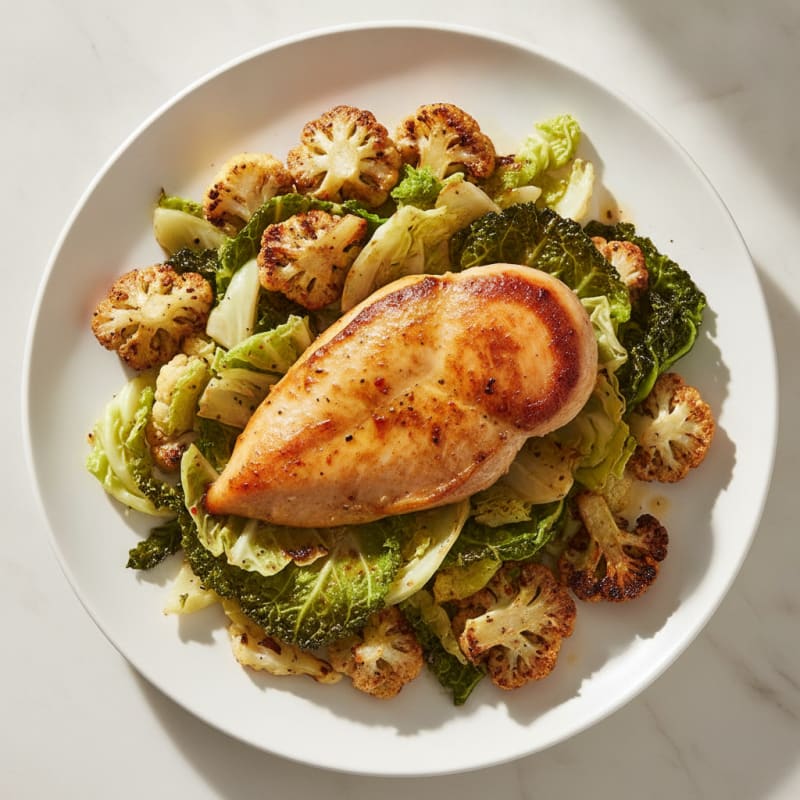Pan-Seared Chicken with Roasted Cauliflower and Cabbage