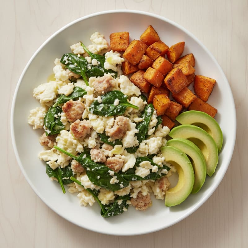 Egg White Scramble with Turkey Sausage and Sautéed Spinach