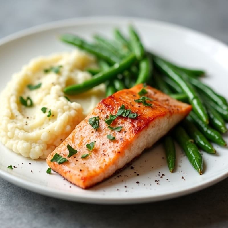 Seared Salmon with Garlic Green Beans and Cauliflower Mash