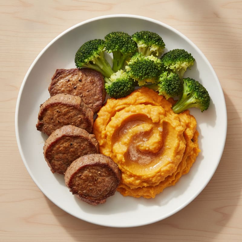 Seared Lean Beef with Steamed Broccoli and Sweet Potato Mash
