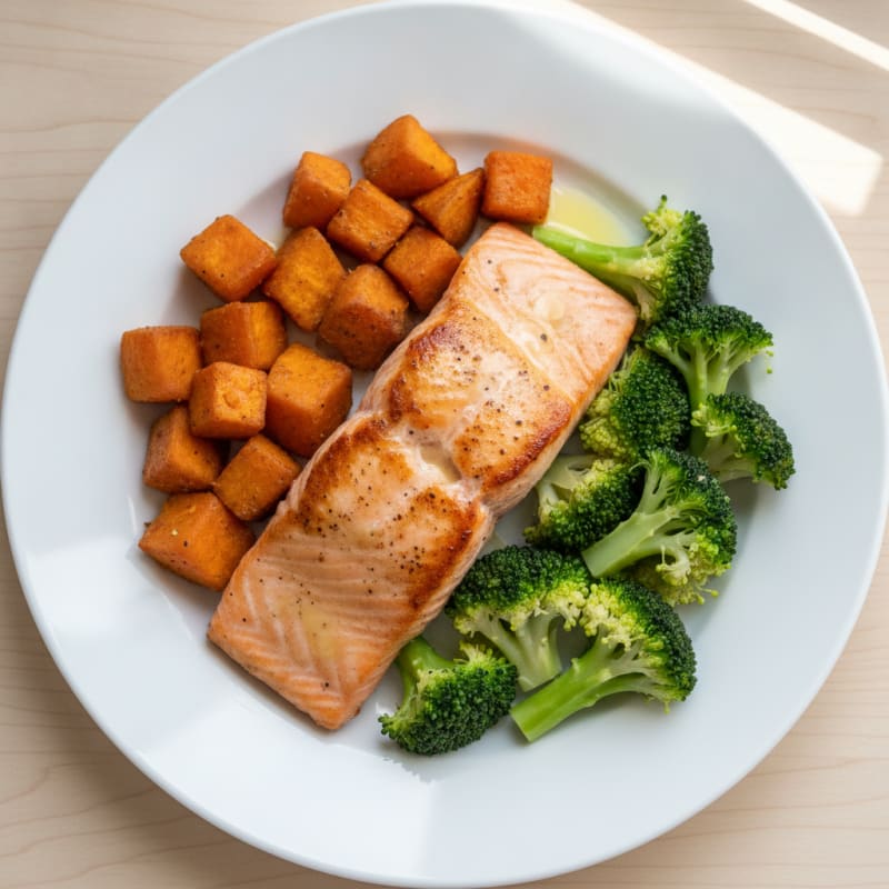 Seared Salmon with Roasted Sweet Potato and Steamed Broccoli