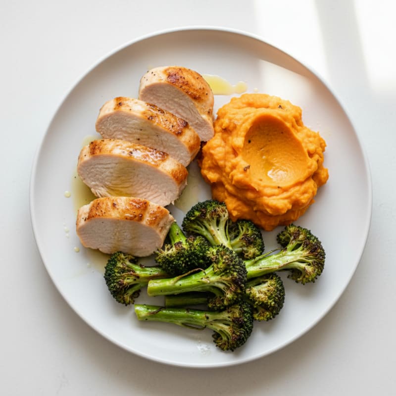 Seared Turkey Breast with Roasted Broccoli and Sweet Potato Mash