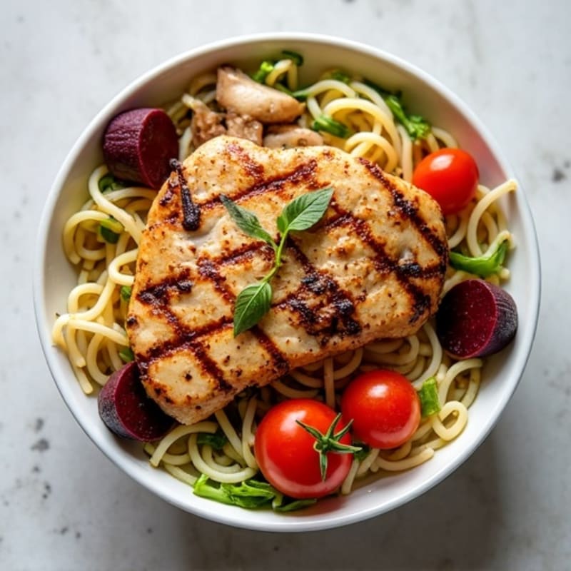 Grilled Chicken Noodle Bowl with Chinese Cabbage and Beetroot