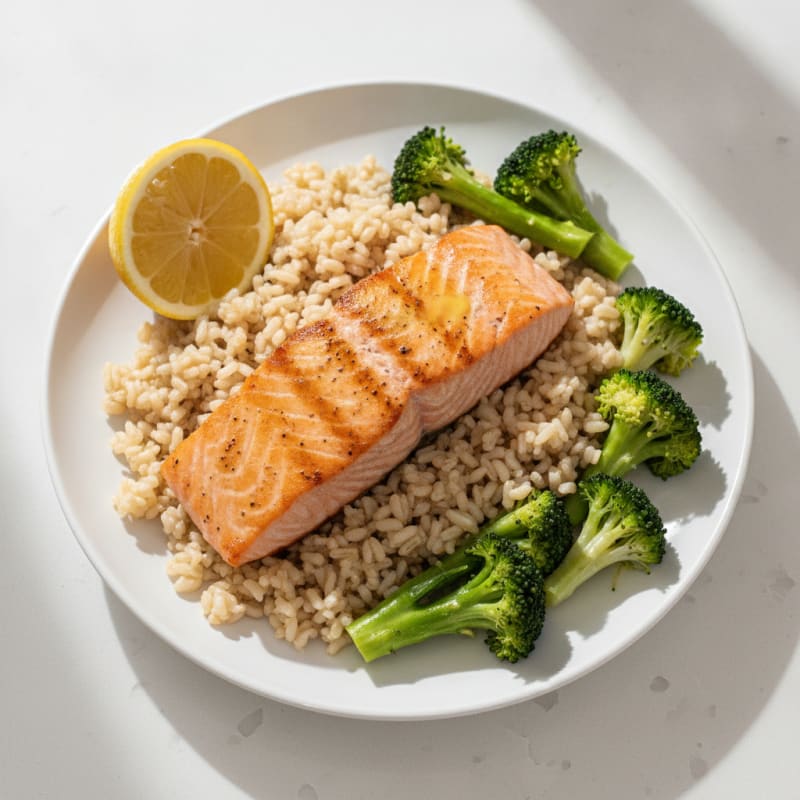 Seared Salmon with Steamed Broccoli and Brown Rice