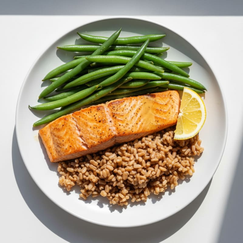Seared Salmon with Steamed Green Beans and Brown Rice