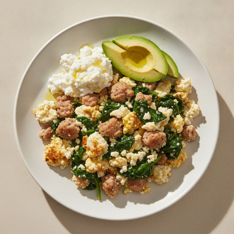 Egg White and Turkey Sausage Scramble with Cottage Cheese and Spinach