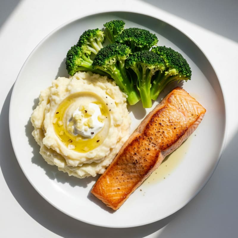 Seared Salmon with Creamy Garlic Mashed Potatoes and Steamed Broccoli