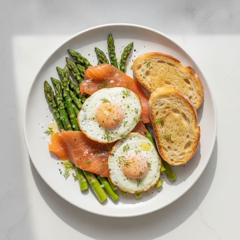 Pan-Seared Quail Eggs with Asparagus and Smoked Salmon
