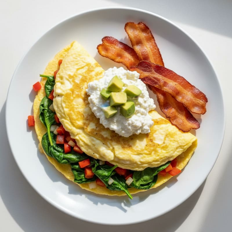 Egg White Veggie Omelette with Cottage Cheese and Turkey Bacon