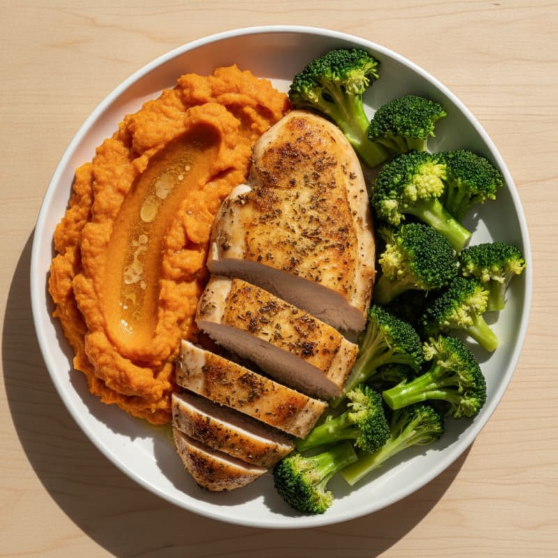 Roasted Chicken Breast with Steamed Broccoli and Sweet Potato Mash