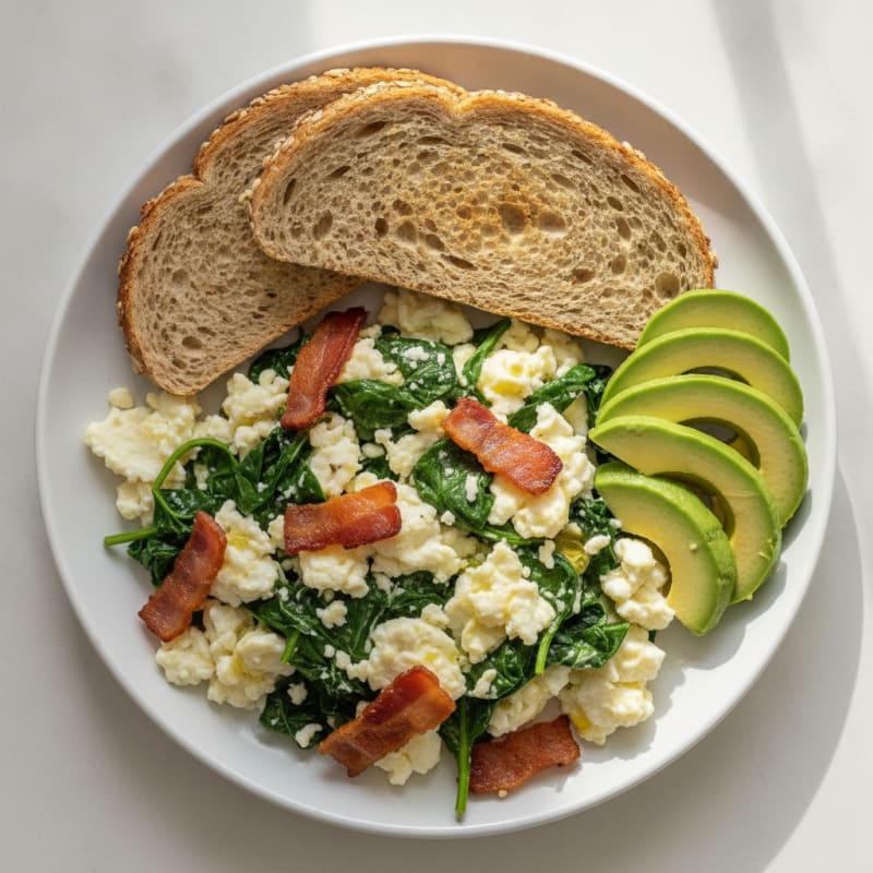 Crispy Turkey Bacon and Egg White Scramble with Spinach