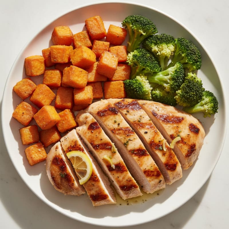 Grilled Chicken Breast with Roasted Sweet Potato and Steamed Broccoli