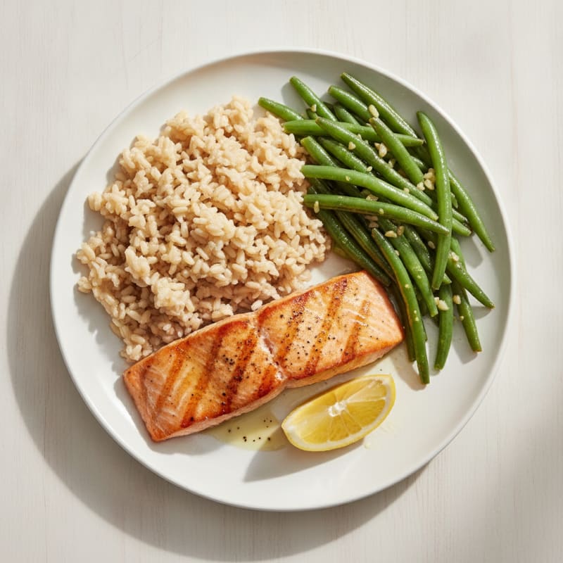 Seared Salmon with Garlic Green Beans and Brown Rice
