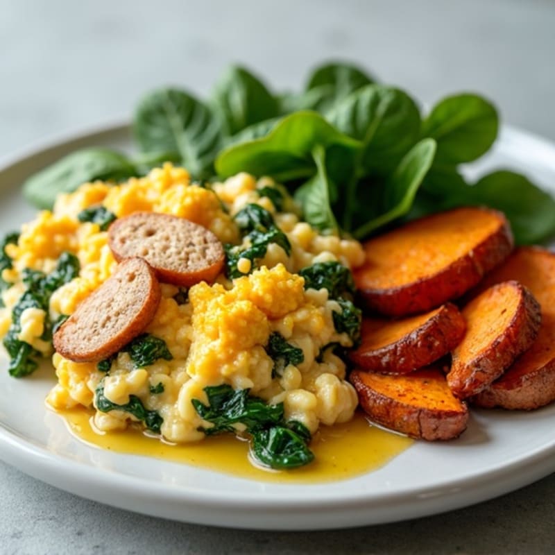 Egg White and Turkey Sausage Scramble with Spinach and Roasted Sweet Potatoes
