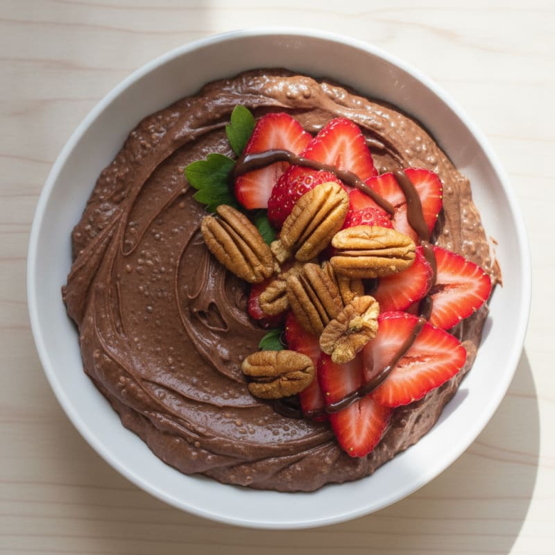 Chocolate Protein Chia Pudding with Sliced Strawberries