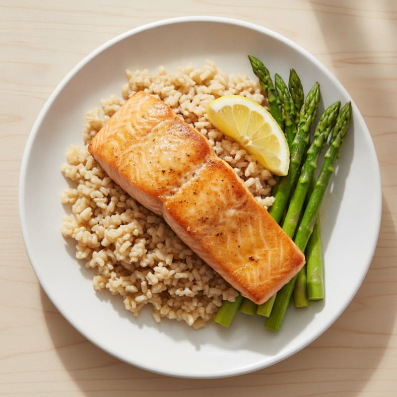 Seared Salmon with Steamed Asparagus and Brown Rice