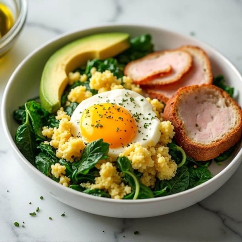 Egg White and Spinach Scramble with Cottage Cheese and Sliced Turkey