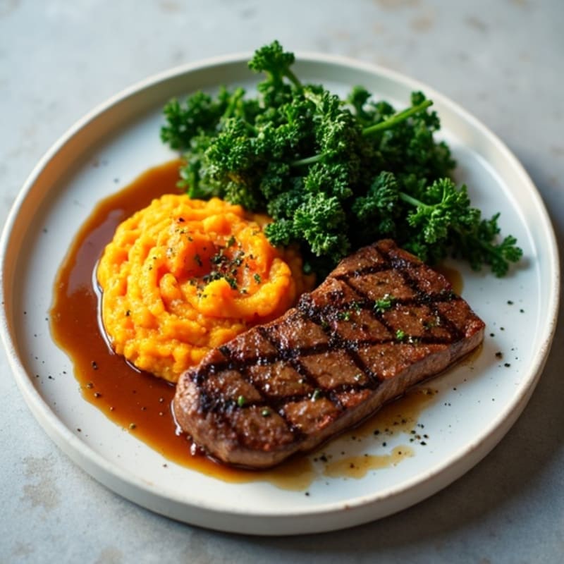 Seared Lean Beef with Garlicky Sautéed Greens and Mashed Sweet Potato
