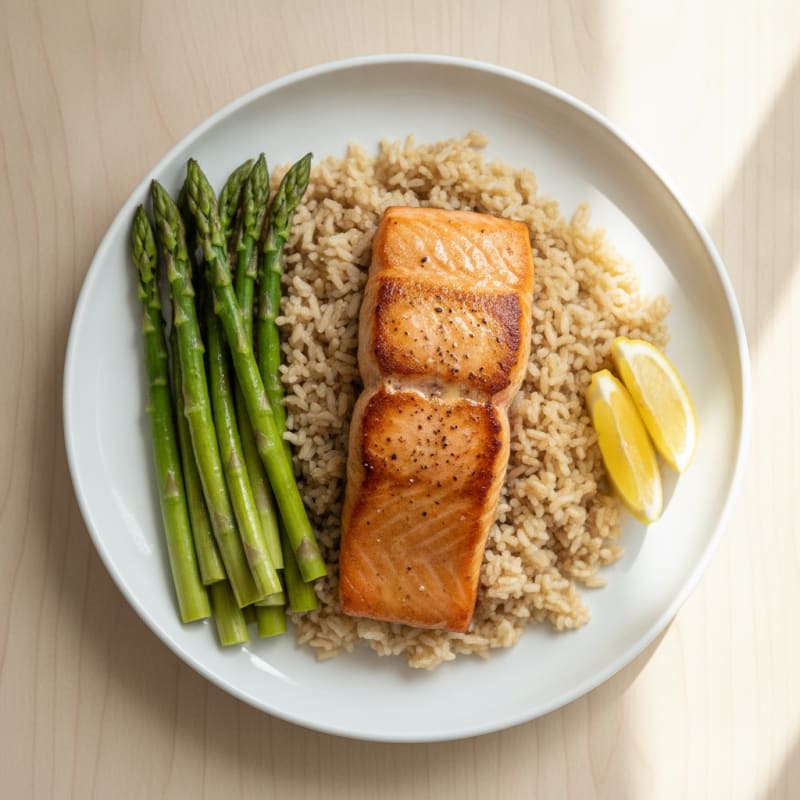 Seared Salmon Fillet with Steamed Asparagus and Brown Rice