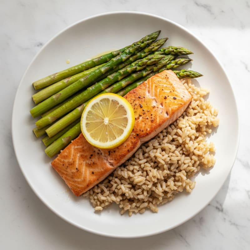 Seared Salmon with Steamed Asparagus and Brown Rice