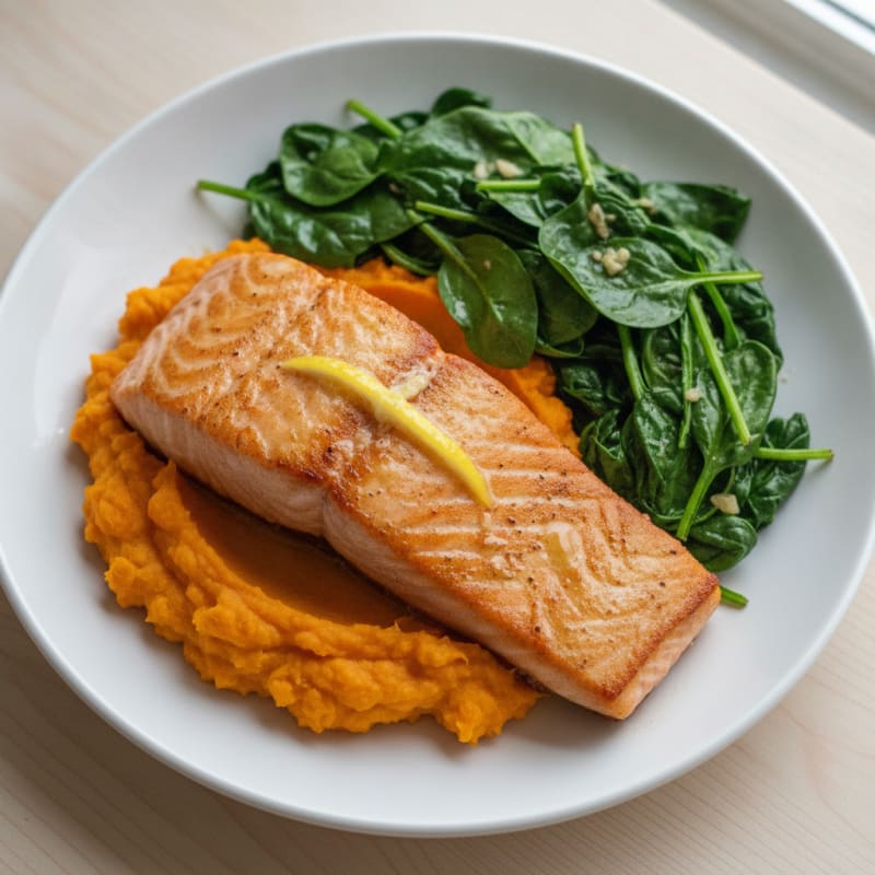 Seared Salmon Fillet with Garlic Spinach and Sweet Potato Mash