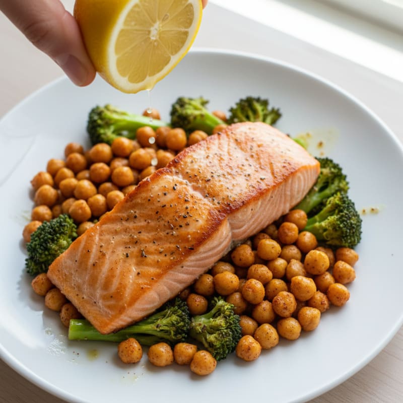 Seared Salmon with Roasted Chickpeas and Steamed Broccoli