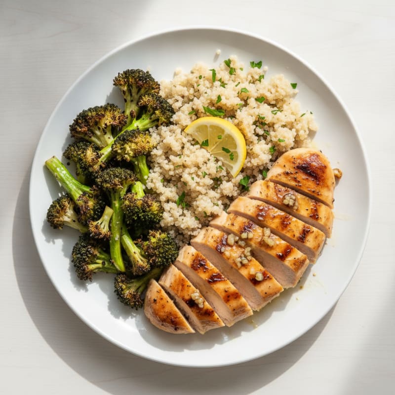 Grilled Lemon Garlic Chicken Breast with Quinoa and Roasted Broccoli