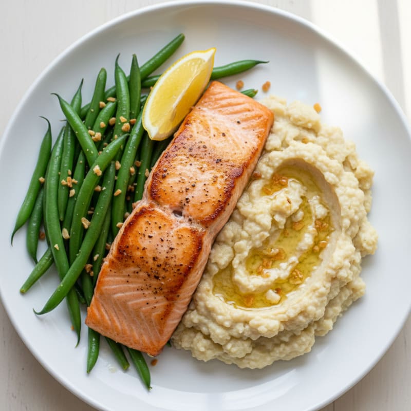 Seared Salmon with Steamed Green Beans and Garlic Mashed Cauliflower