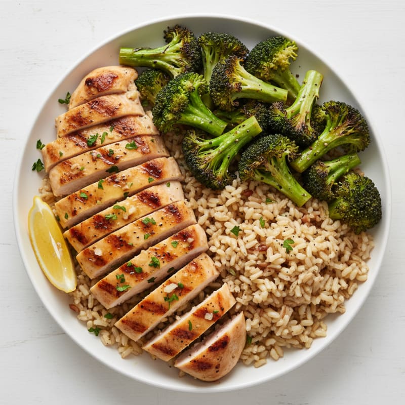 Grilled Lemon-Garlic Chicken Breast with Roasted Broccoli and Brown Rice