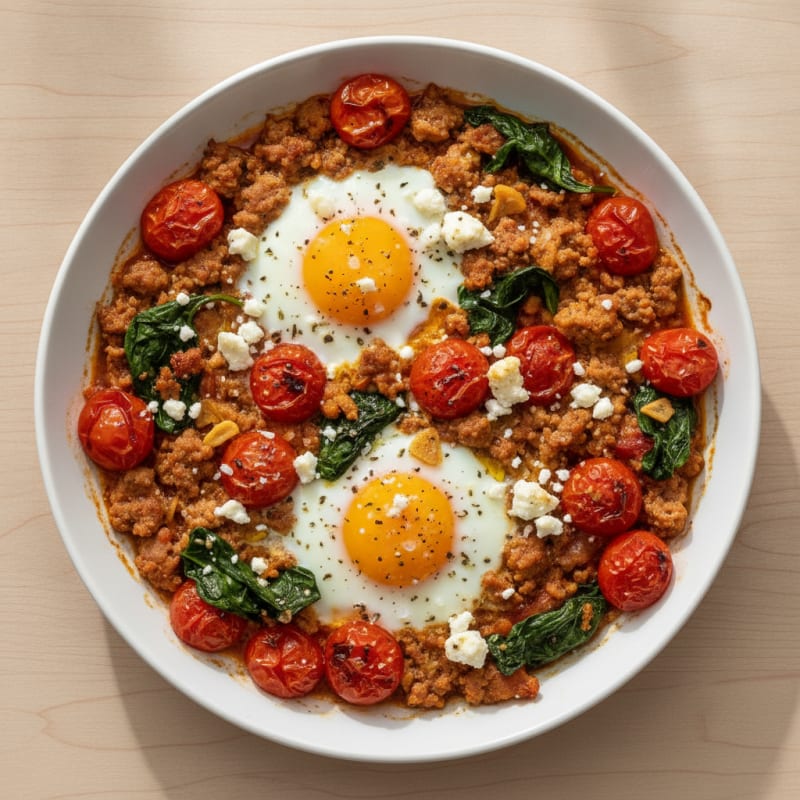 Baked Eggs with Roasted Tomatoes and Savory Turkey