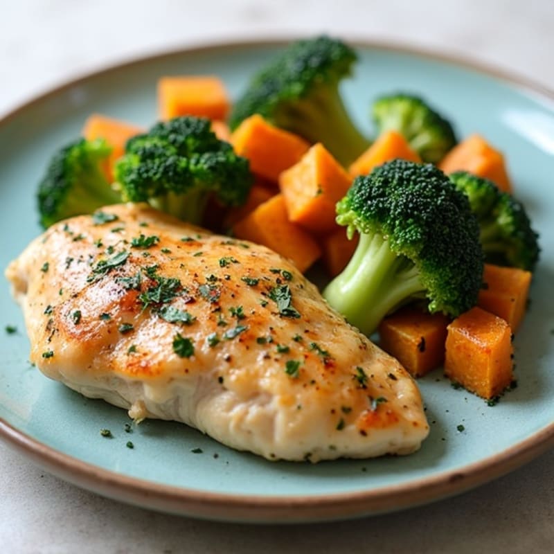 Herb-Roasted Chicken with Steamed Broccoli and Roasted Sweet Potatoes