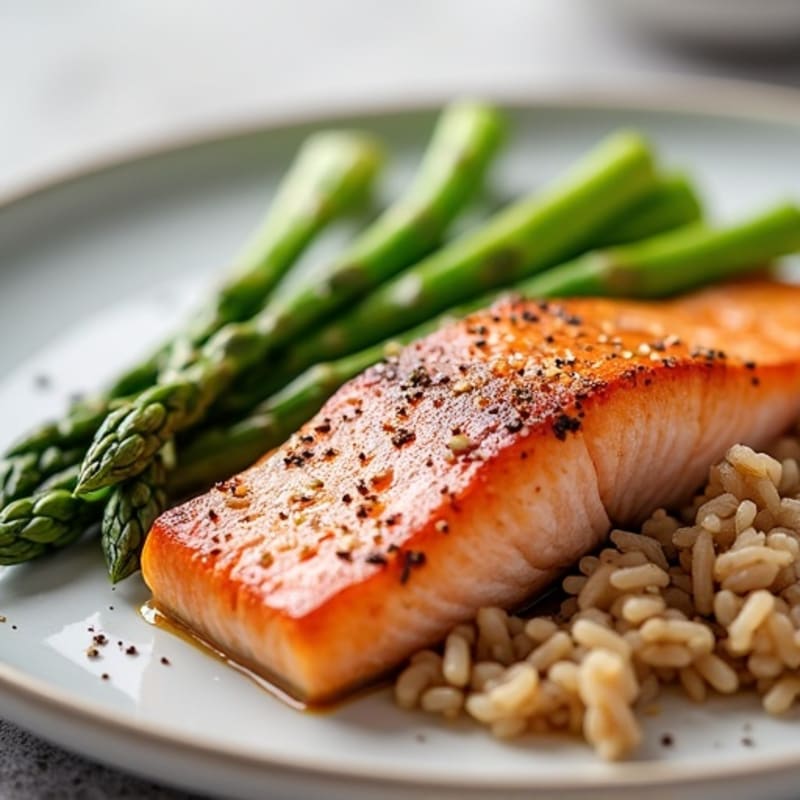 Seared Salmon with Steamed Asparagus and Brown Rice