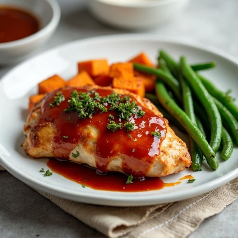 Smoky BBQ Chicken with Roasted Sweet Potatoes and Crispy Green Beans