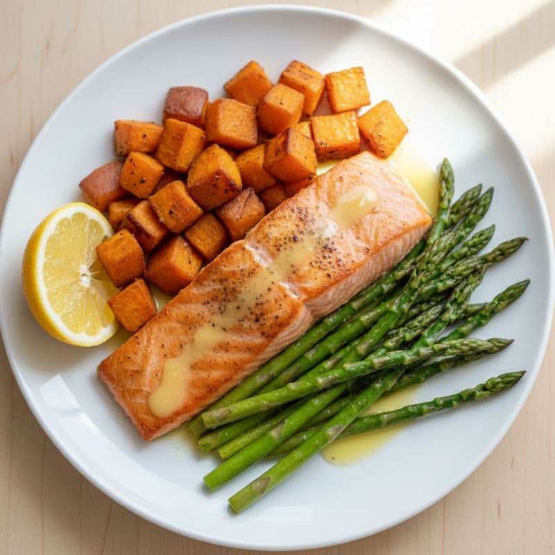 Seared Salmon with Roasted Sweet Potatoes and Asparagus