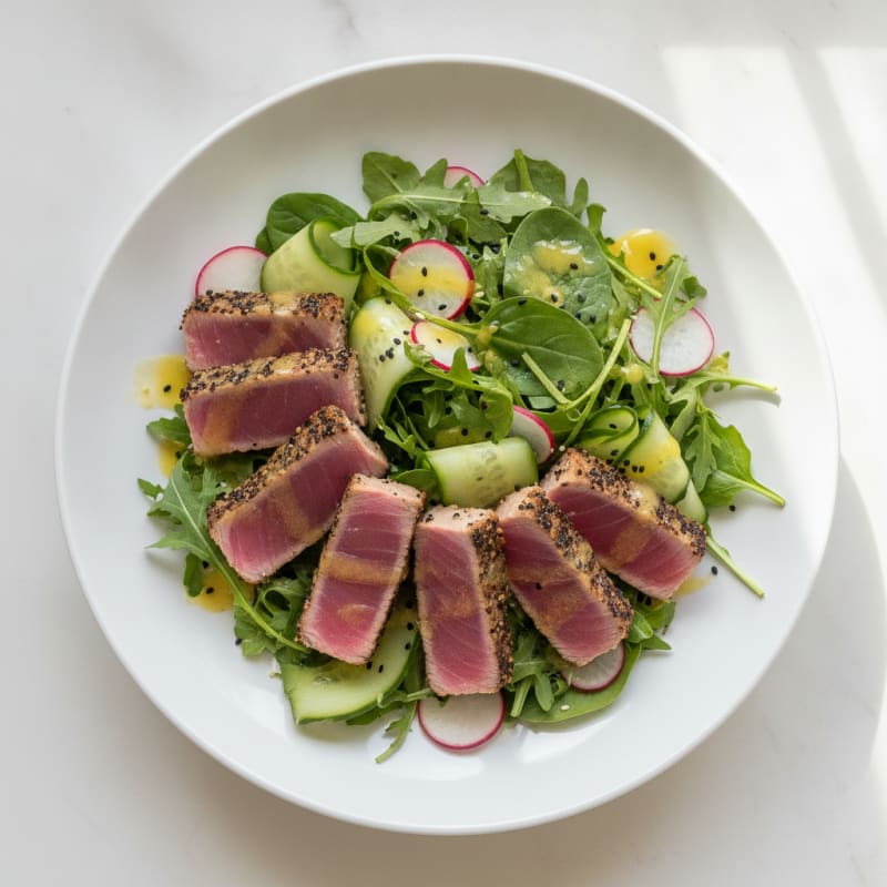Seared Tuna Salad with Crunchy Greens and Lemon Vinaigrette