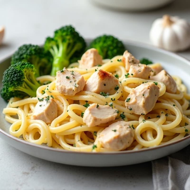 Healthy Creamy Chicken Alfredo Pasta with Roasted Broccoli