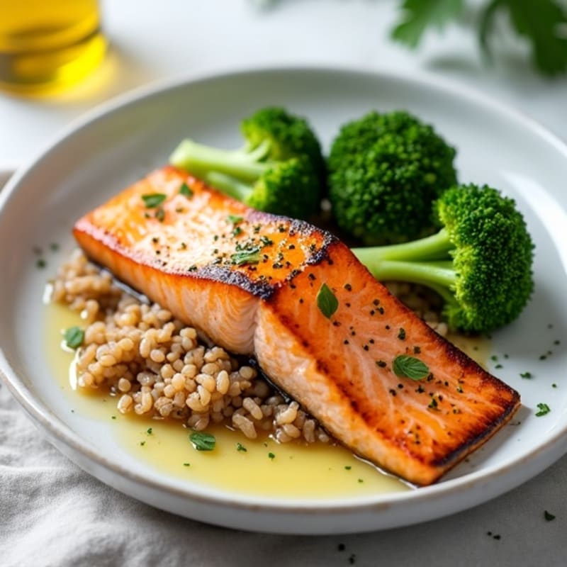 Seared Salmon with Steamed Broccoli and Brown Rice