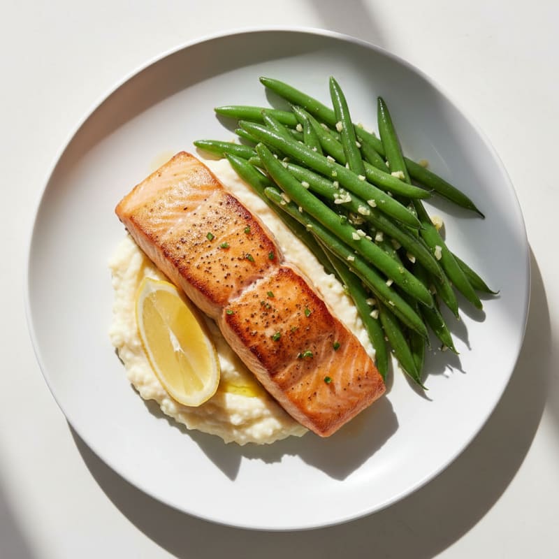 Seared Salmon Fillet with Garlic Green Beans and Cauliflower Mash