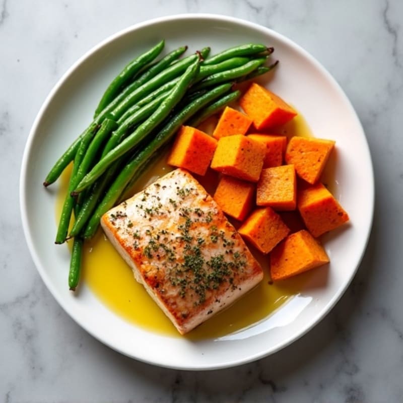 Seared Salmon with Roasted Sweet Potatoes and Green Beans