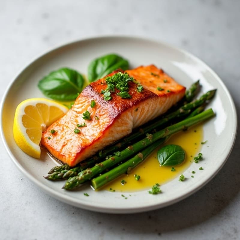 Seared Salmon with Steamed Asparagus and Lemon