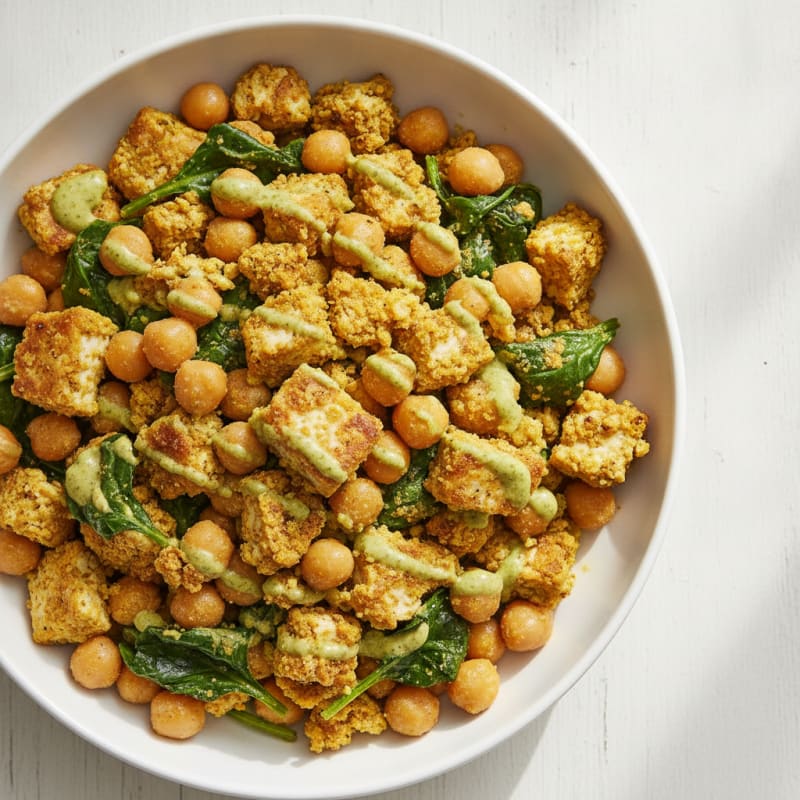 Crispy Tofu Scramble with Sautéed Spinach and Chickpeas