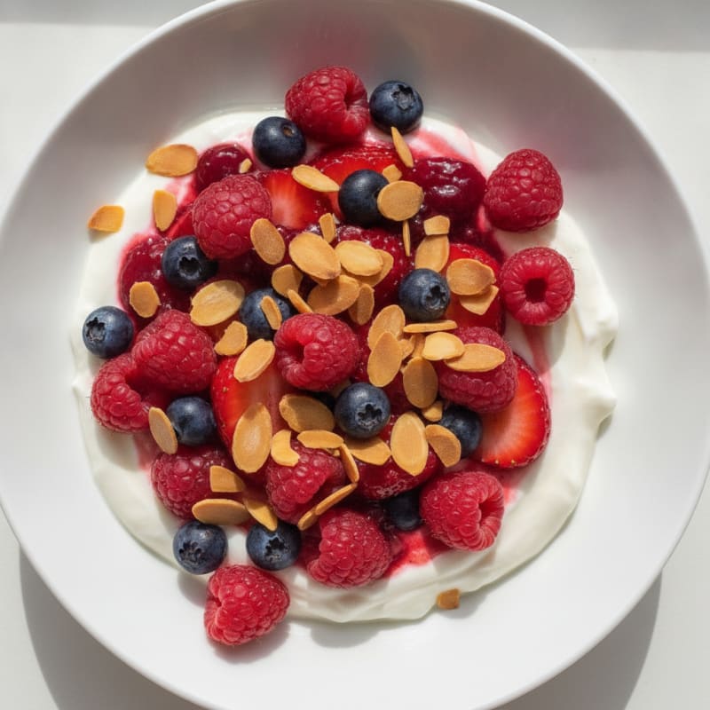 Creamy Protein Yogurt Bowl with Mixed Berries and Almond Slivers