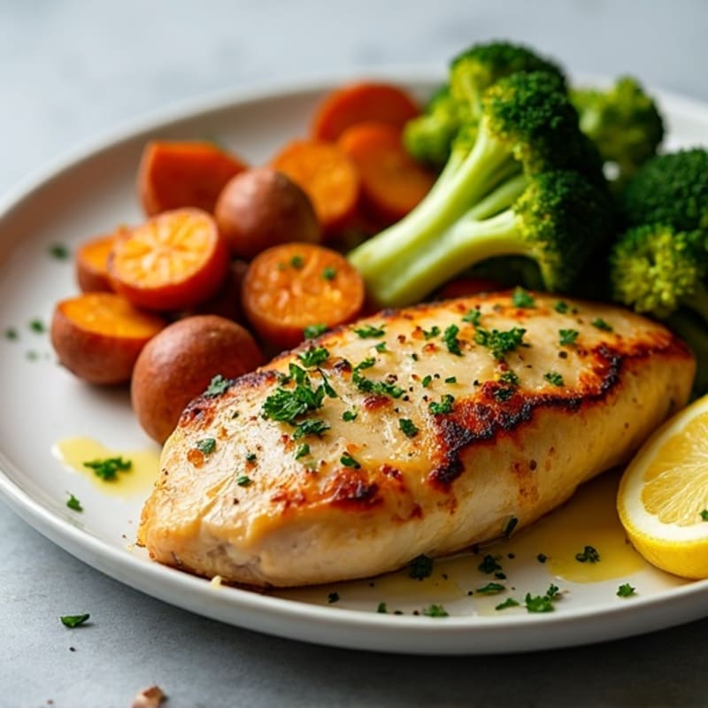 Sheet Pan Lemon-Garlic Chicken with Roasted Broccoli and Sweet Potatoes