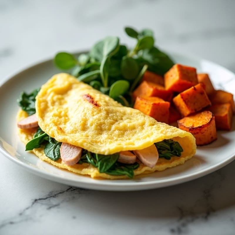 Egg White Omelette with Turkey, Spinach and Roasted Sweet Potatoes