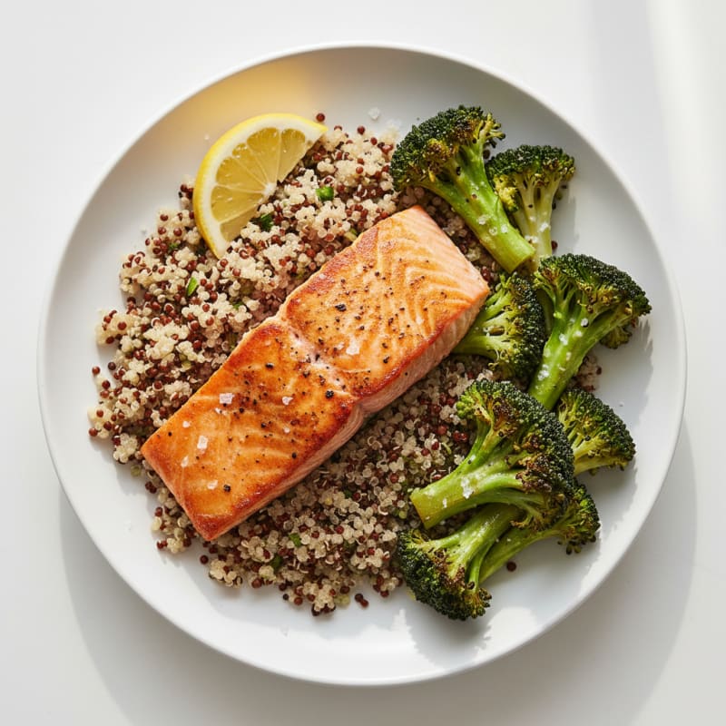 Seared Salmon Fillet with Roasted Broccoli and Quinoa