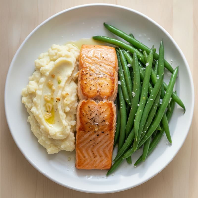 Seared Salmon with Steamed Green Beans and Garlic Mashed Cauliflower