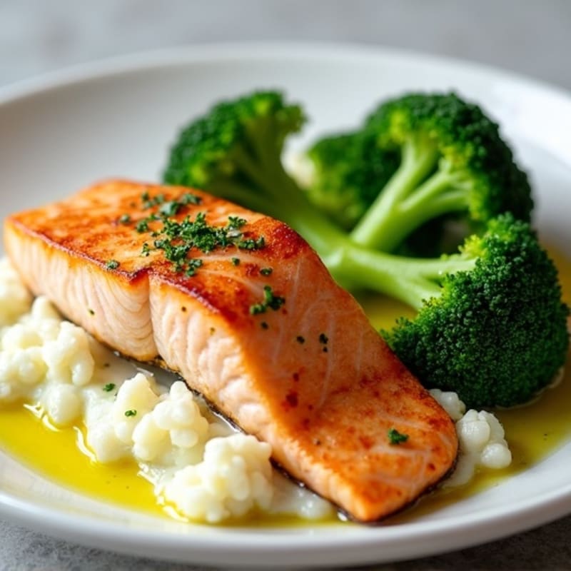 Seared Salmon with Steamed Broccoli and Garlic Mashed Cauliflower