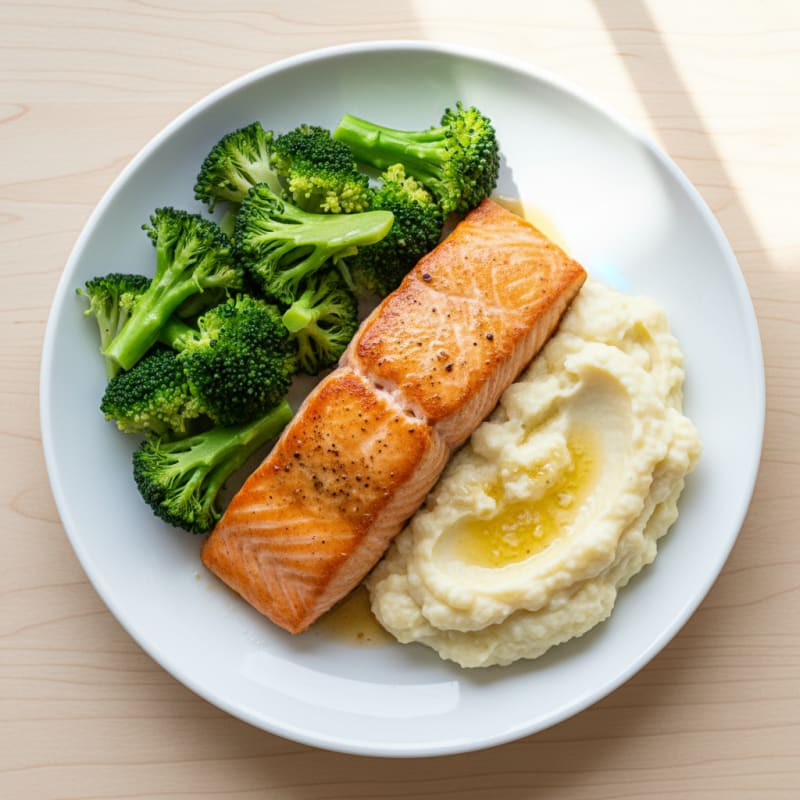Seared Salmon with Steamed Broccoli and Garlic Mashed Cauliflower